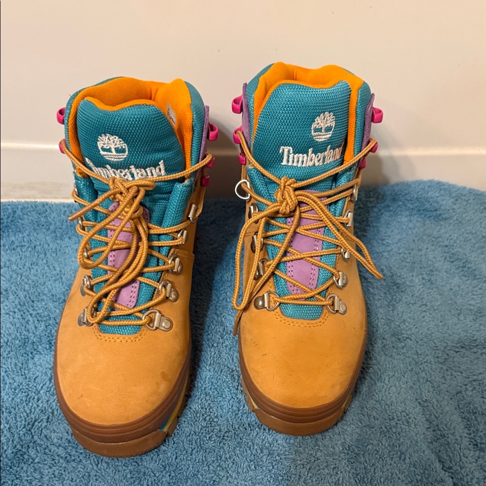 Timberland Tan Nubuck Hiking Boots with Teal & Purple Accents